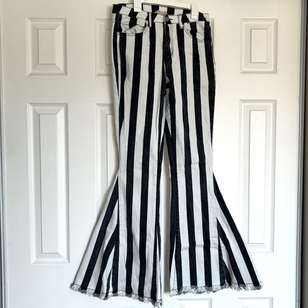 Black and white striped flare jeans
